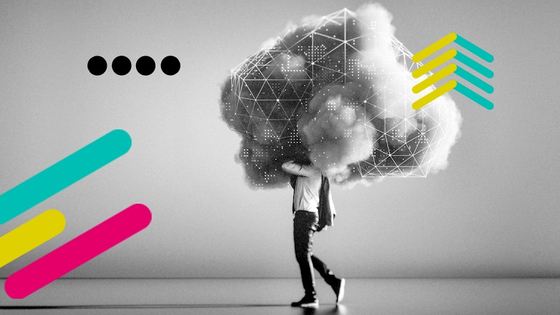 Öffnet die Seite "Schwerpunkt Künstliche Intelligenz". Beschreibung: Bild in schwarz und weiß mit eingefügten bunten Gestaltungselementen. Man sieht eine Person um deren Kopf eine Wolke ist. In der Wolke sind wiederum Netzwerklinien gezeichnet.
