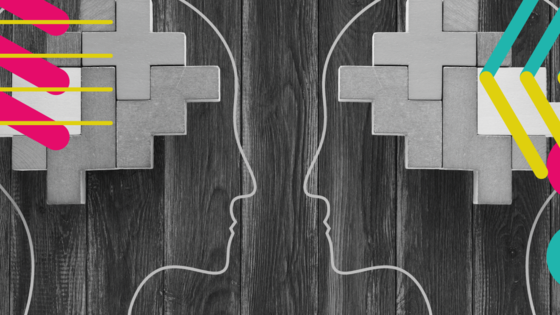 Öffnet den Baustein "Rollenbilder in Games". Beschreibung: Bild in schwarz und weiß mit eingefügten bunten Gestaltungselementen. Man sieht zwei gezeichnete menschliche Köpfe im Profil, die sich zugewandt sind. Das Gehirn wird mit rechteckigen Bausteinen symbolisiert. Der Hintergrund sieht nach einer Holzwand aus.